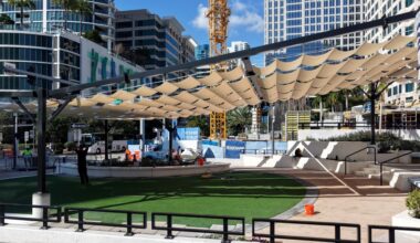 Tunnel Top Plaza now has shade. Critics would prefer trees.