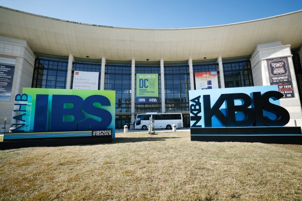 Design and Construction Week signs outside of the Orange County Convention Center in Orlando on Tuesday, February 17, 2025. The trade show encompasses the NAHB International Builders' Show and the NKBA Kitchen & Bath Industry Show. (Rich Pope/Orlando Sentinel)