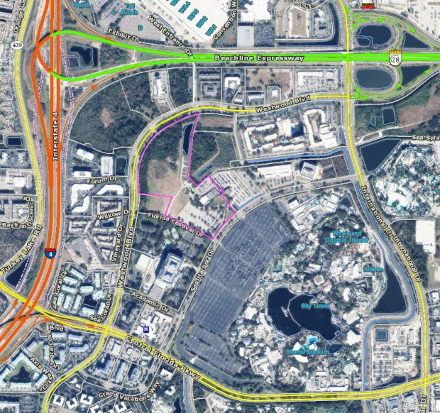 The proposed SeaWorld Village planned development is slated for this largely vacant property and three surrounding parcels across from the Orlando theme park. (Orange County Property Appraiser)