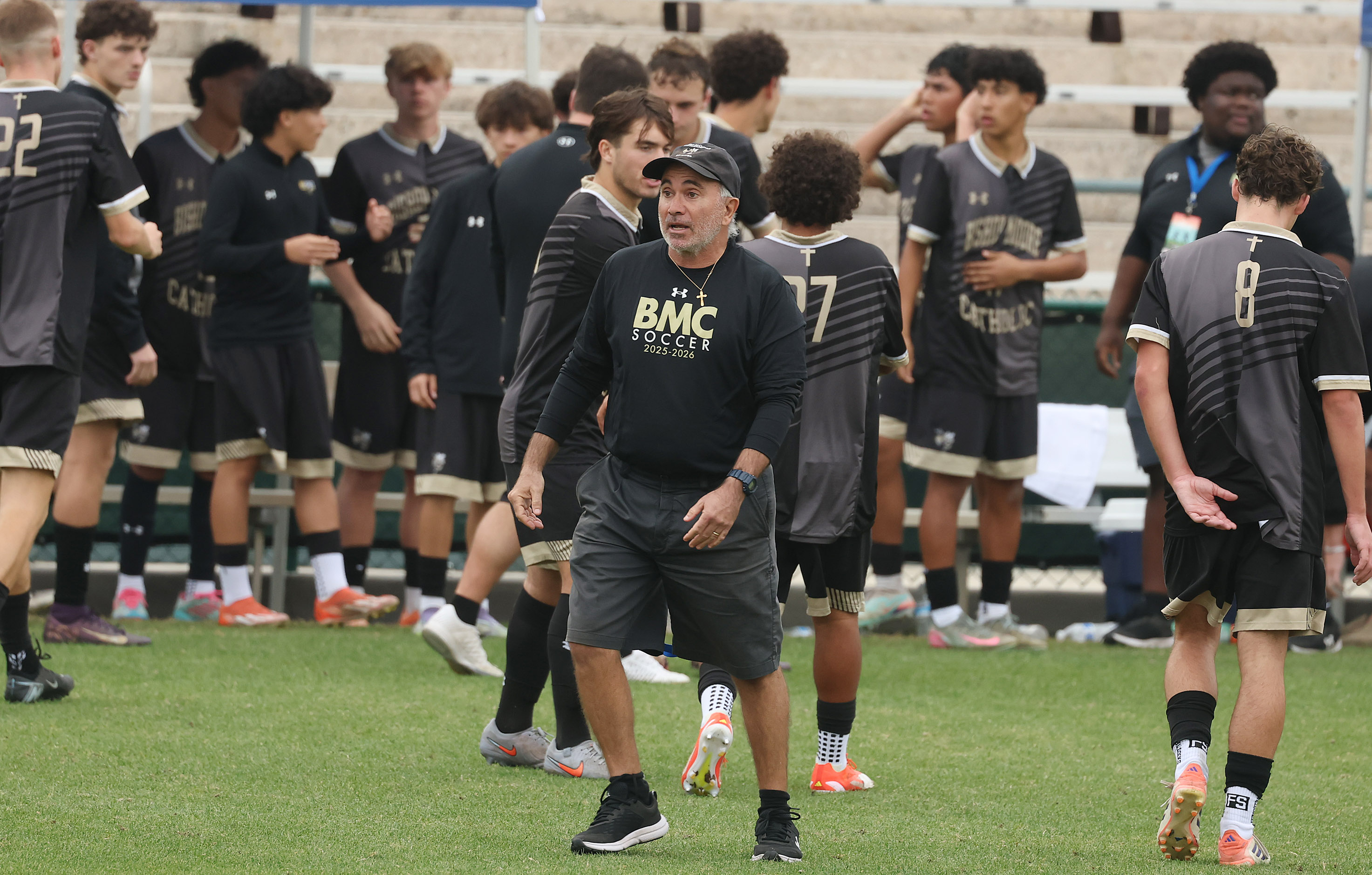 Bishop Moore Catholic High School soccer head coach Tom Hage...