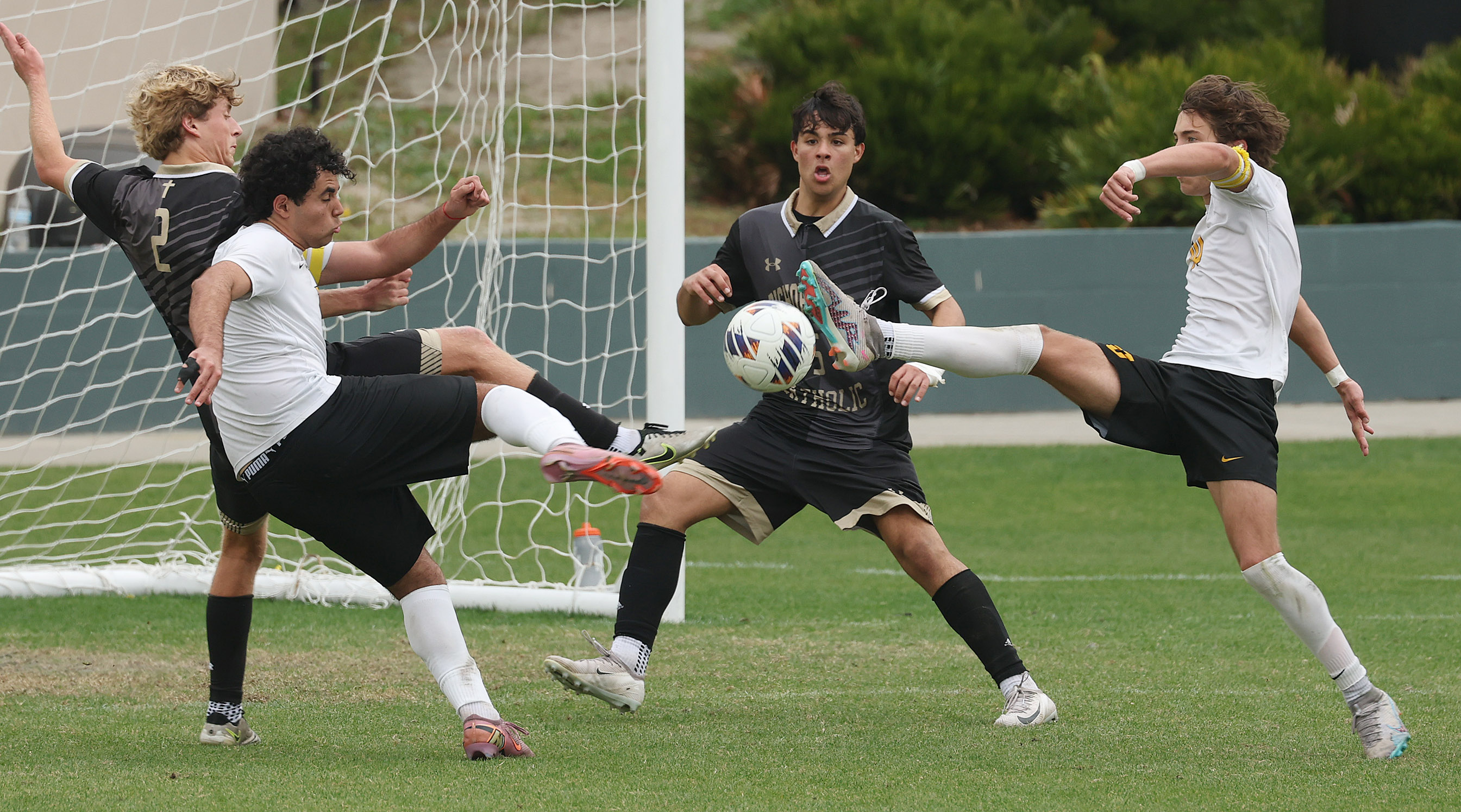 Bishop Moore Catholic High School soccer players Cooper Welch (2)...