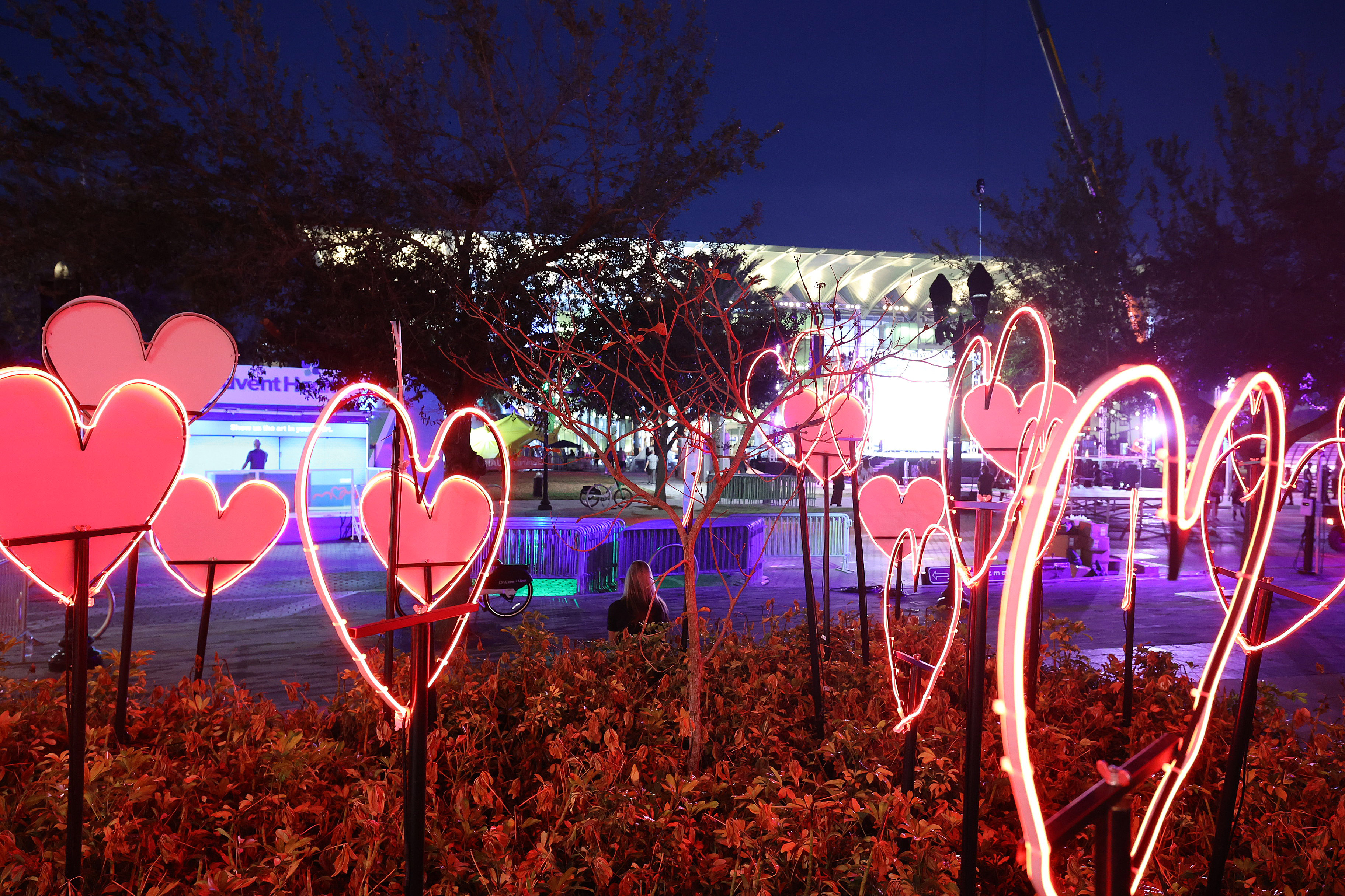 Lighted heart sculptures are on display with the Dr. Phillips...