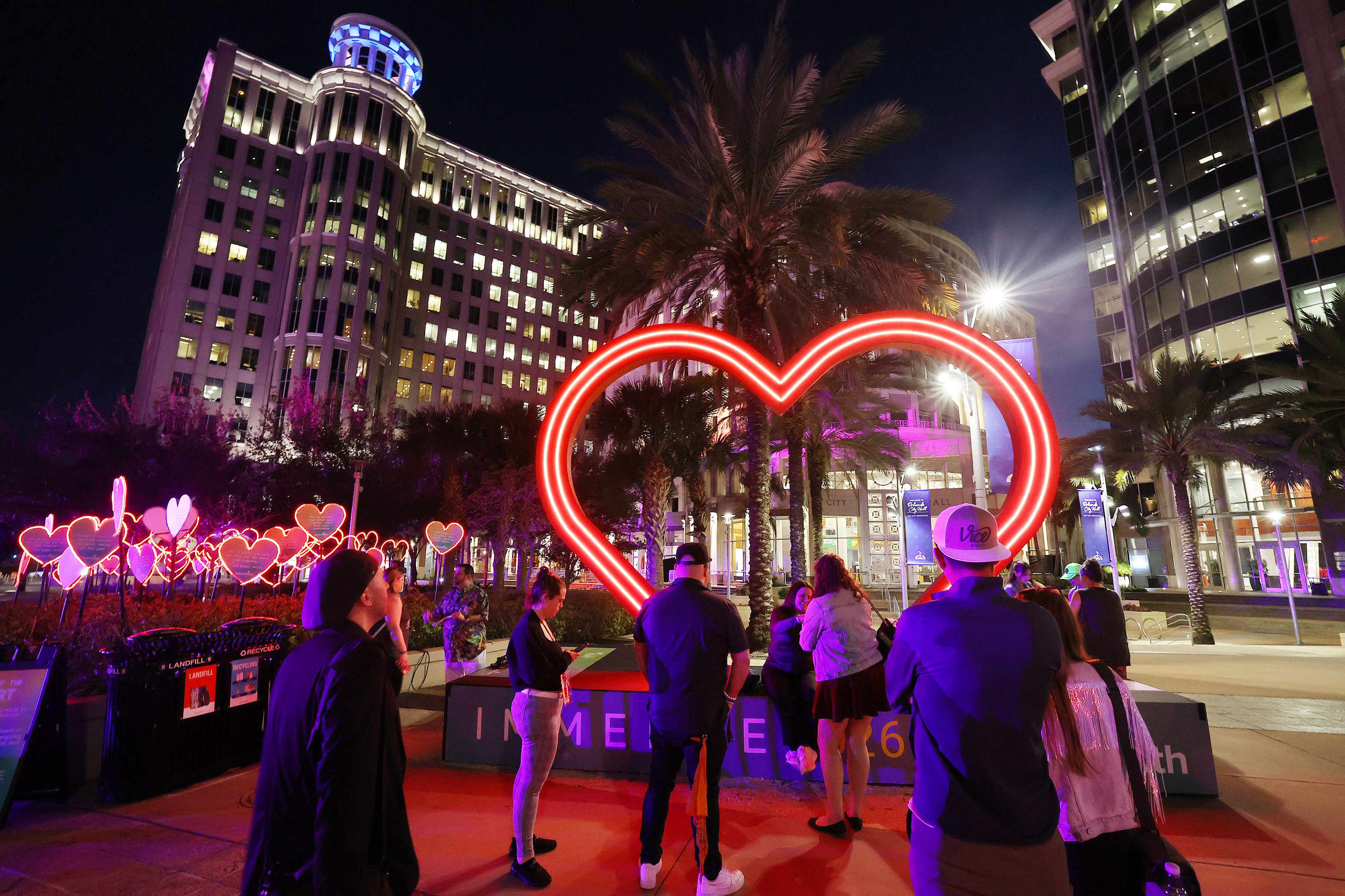 Lighted heart sculptures are on display during a tech rehearsal...