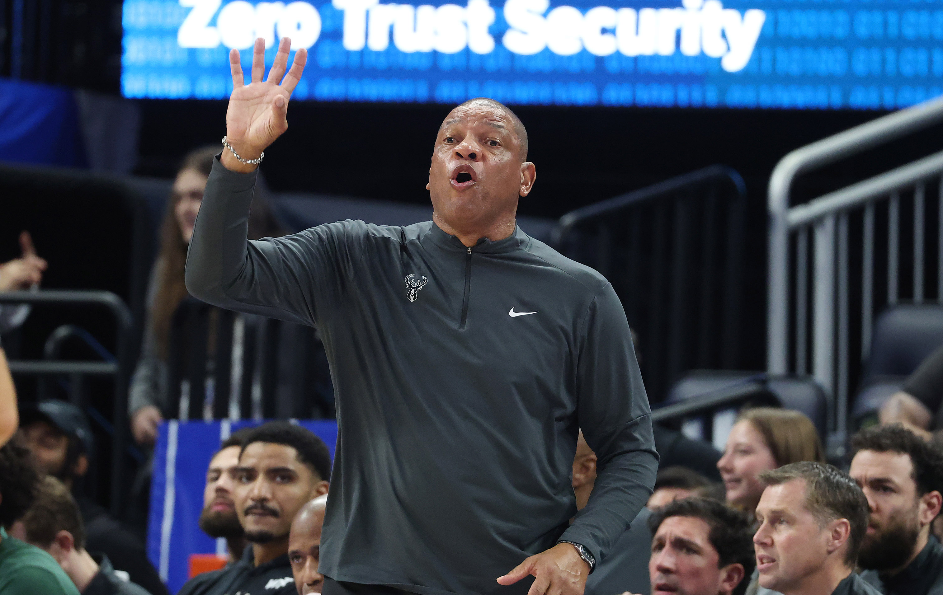 Milwaukee coach Doc Rivers yells during the Milwaukee Bucks at...