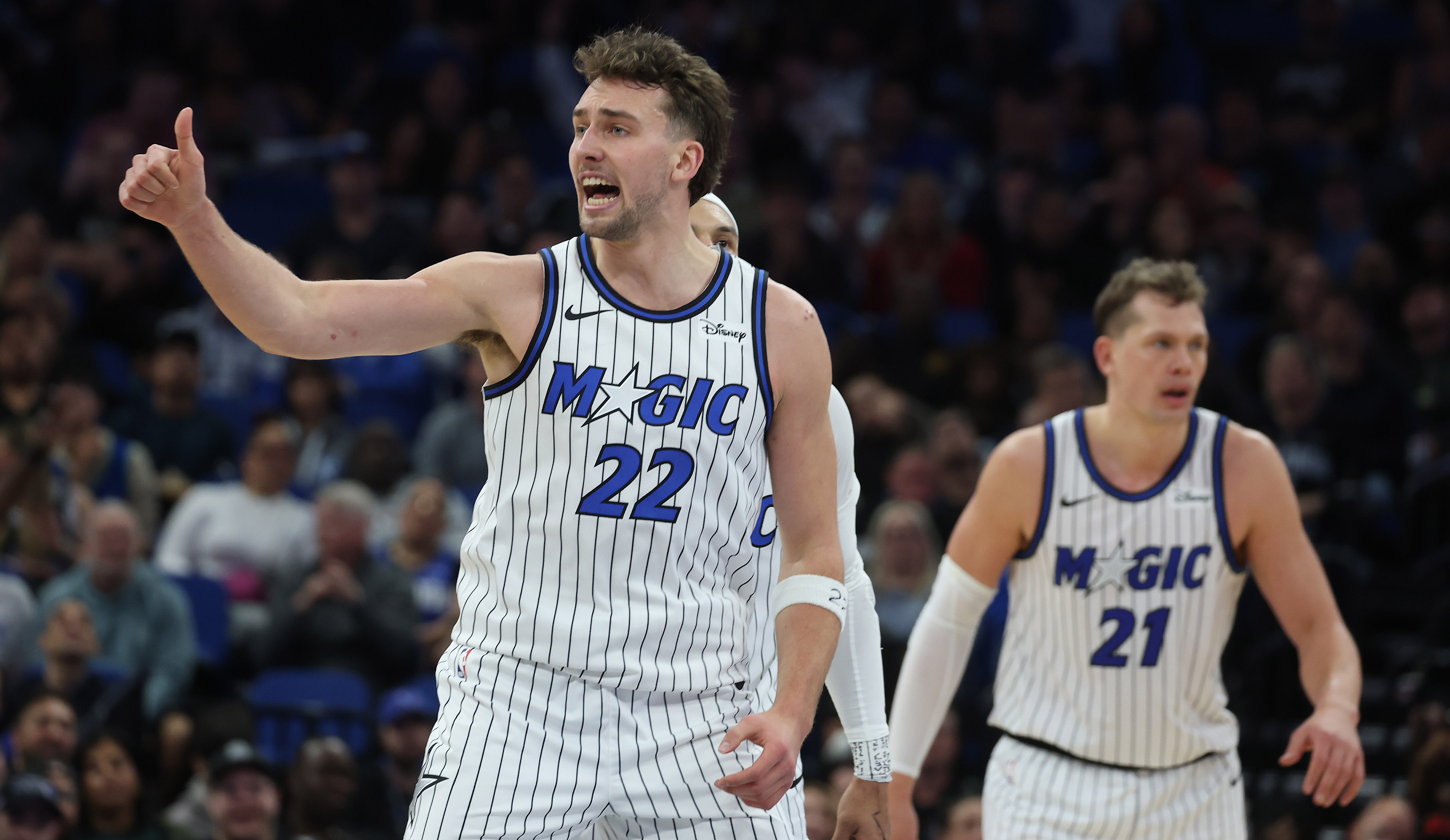 Orlando forward Franz Wagner (22) celebrates in front of his...