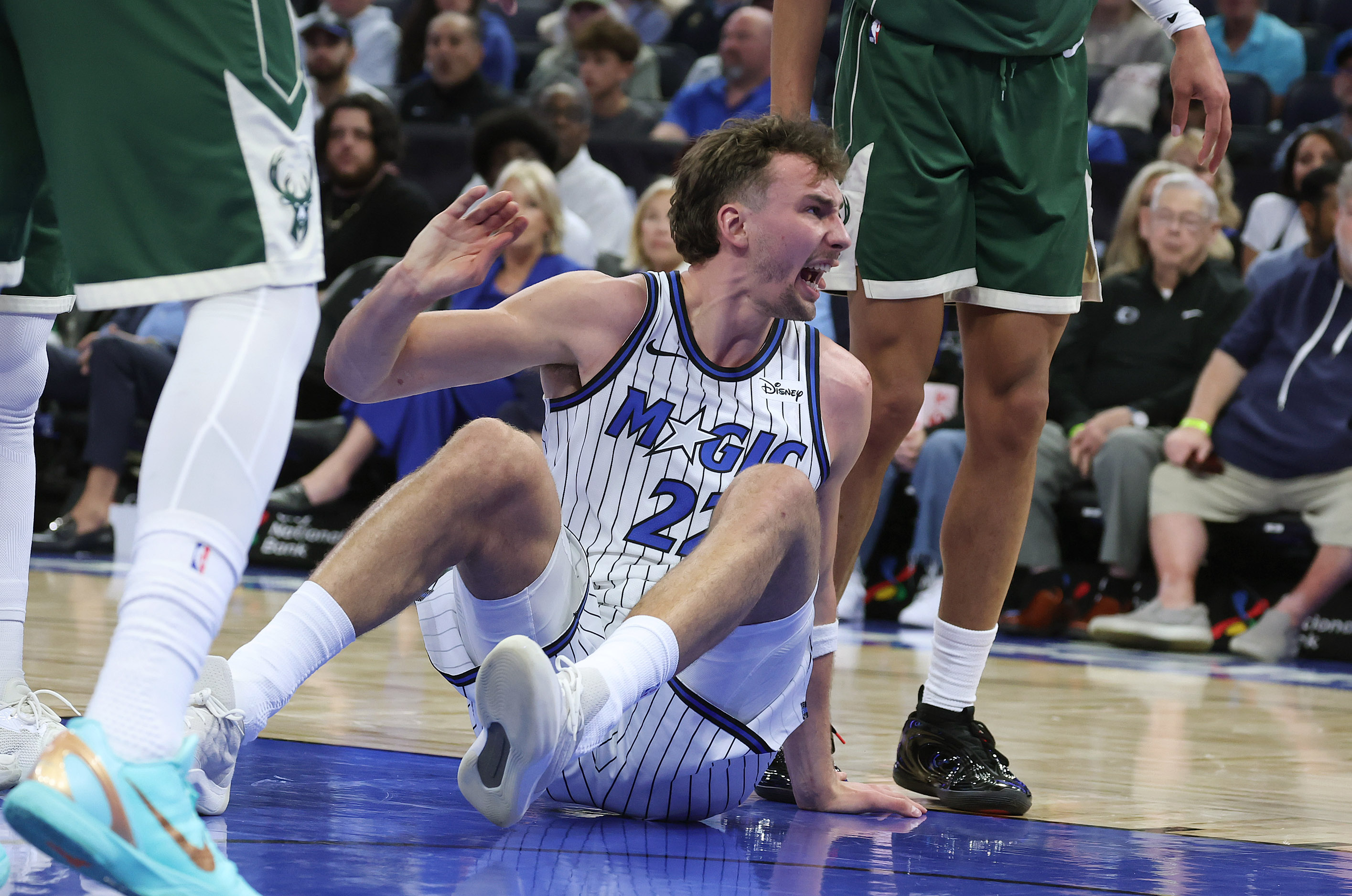 Orlando forward Franz Wagner yells after being fouled during the...