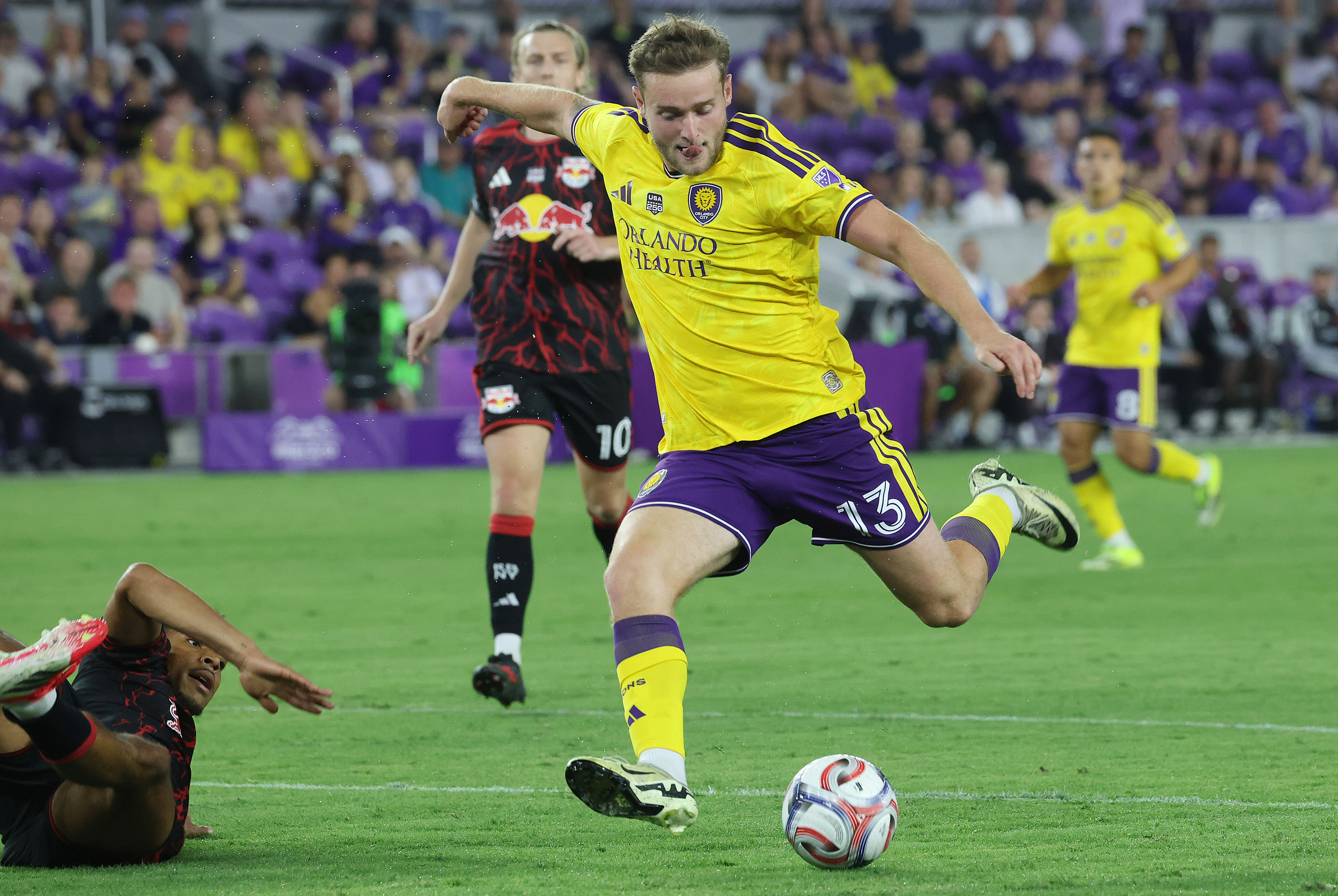 Orlando City player Duncan McGuire kicks at goal during the...