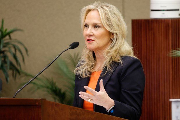 Casandra Matej, president and CEO of Visit Orlando, addresses the Board of Orange County Commissioners discussing the proposed amended contract between the county and Visit Orlando at the Orange County Administration Building on Tuesday, February 10, 2026. (Rich Pope/ Orlando Sentinel)