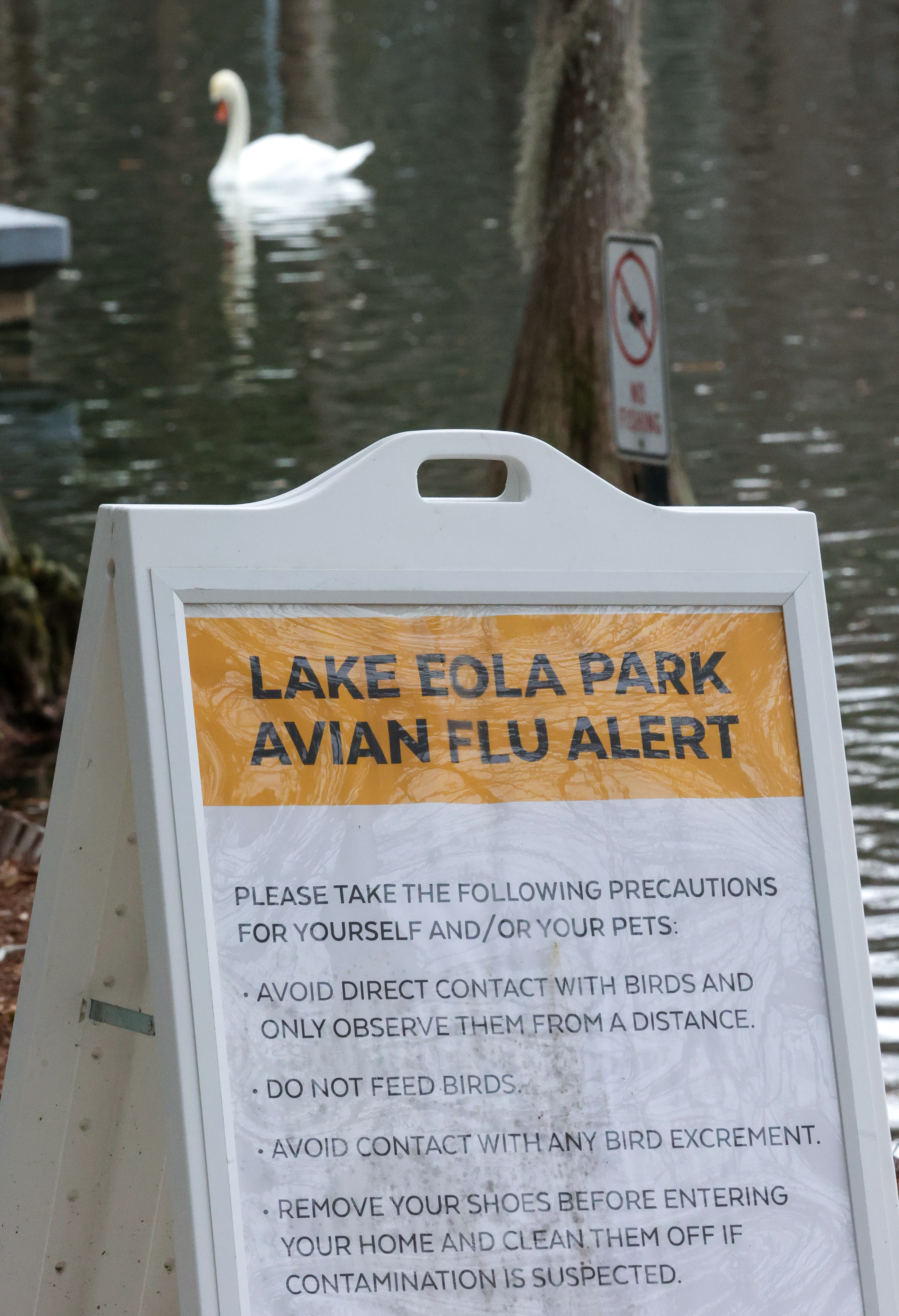 Signage warns visitors of the recent outbreak of the avian...