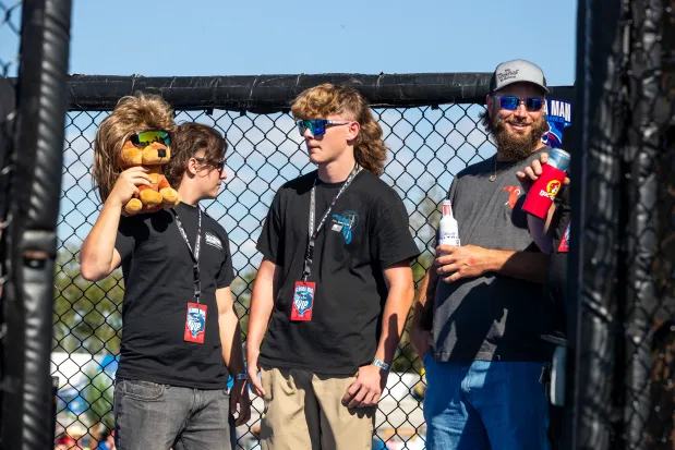 Mullet contest competitors line up during the Florida Man Games at the Freedom Factory in Bradenton on Feb. 21, 2026. (Patrick Connolly/Orlando Sentinel)