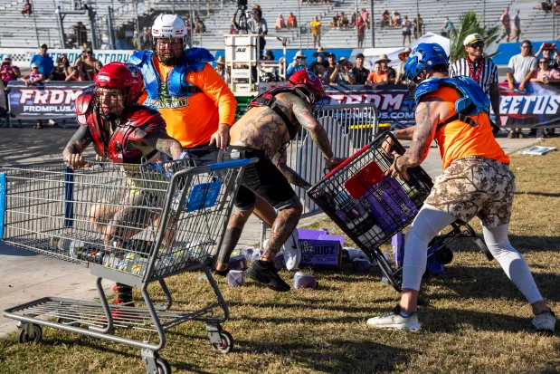 Teams brawl over hurricane supplies in one event of the Florida Man Games at the Freedom Factory in Bradenton on Feb. 21, 2026. (Patrick Connolly/Orlando Sentinel)