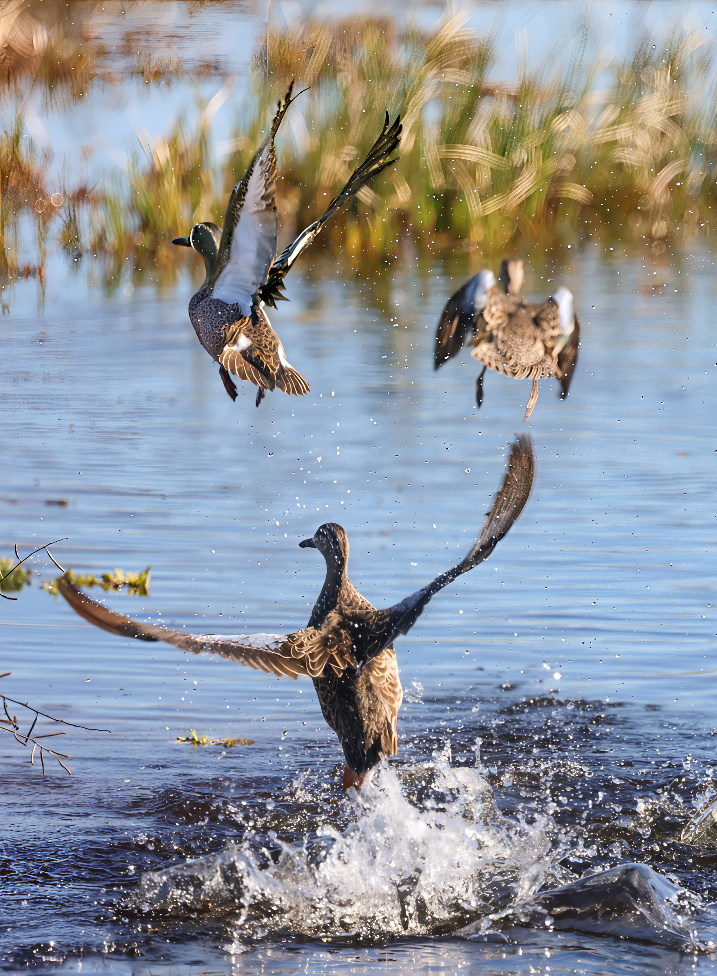 Cinnamon (bottom) and blue-winged (upper left) teals take flight in...