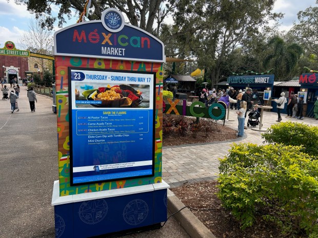Signage shows rotating menu items for the Seven Seas Food Festival at SeaWorld Orlando. Mind the yellow boxes. (Dewayne Bevil/Orlando Sentinel)