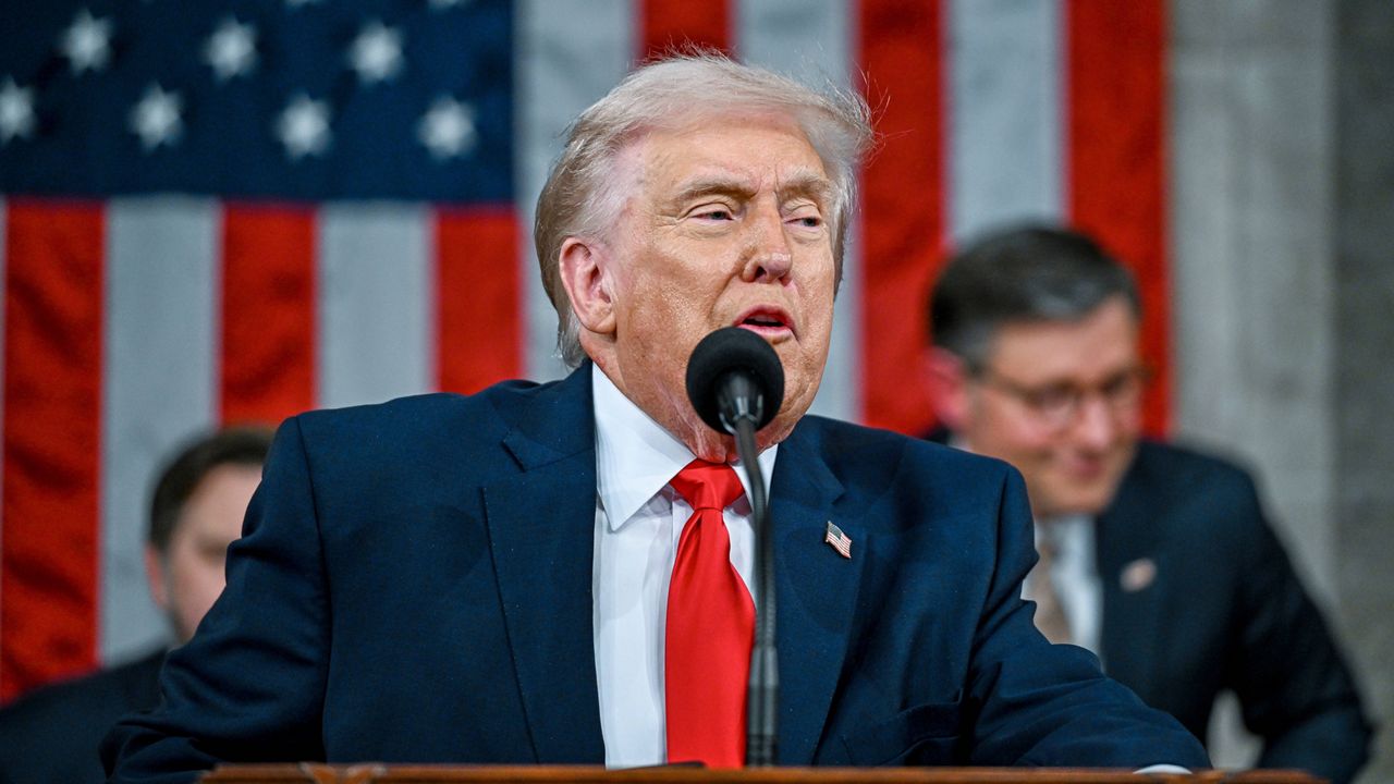 President Donald Trump delivers the State of the Union address to a joint session of Congress in the House chamber at the U.S. Capitol in Washington, Tuesday, Feb. 24, 2026. (Kenny Holston/The New York Times via AP, Pool)