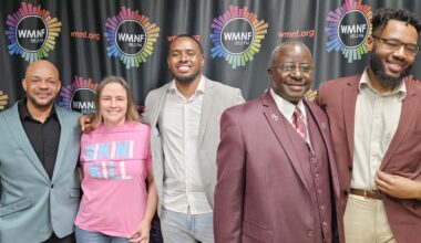 A group portrait from a Tampa Mayoral discussion at WMNF 88.5 FM. Pictured from left to right are Tres L. Rodmon, Tampa City Councilwoman Lynn Hurtak in a pink Bikini Kill shirt, Anthony Gilbert Jr., Reginald B. Strachan, and Alan Henderson.