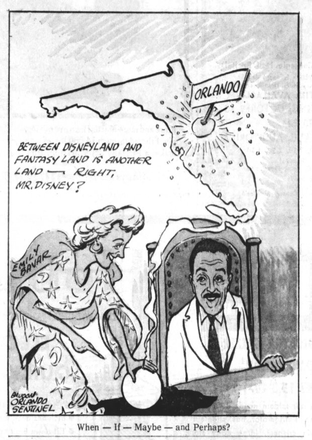 A cartoon of Emily Bavar coaxing news of Walt Disney World from Walt Disney himself. This ran on the front page of the Sentinel with her scoop about the future Walt Disney World. (Sentinel file)