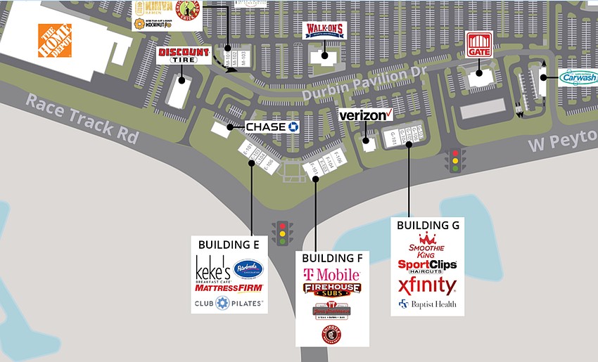 A map of The Pavilion at Durbin Park shopping center shows Chipotle Mexican Grill in Building F with T-Mobile, Firehouse Subs and Jana Steakhouse. A map of The Pavilion at Durbin Park shopping center shows Chipotle Mexican Grill in Building F with T-Mobile, Firehouse Subs and Jana Steakhouse.