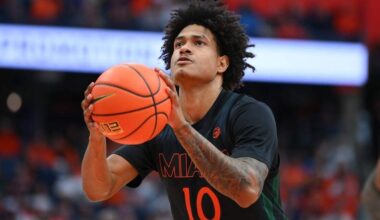 University of Miami guard Tru Washington made three consecutive free throws in the final seconds to seal a 77-76 road win over North Carolina State on Feb. 14, 2026 at the Lenovo Center.