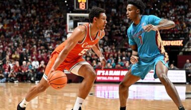 Malik Reneau (left) led the University of Miami with 23 points and 12 rebounds in an 83-73 win over FSU on the road Feb. 24, 2026 at the Tucker Center in Tallahassee, Fla.