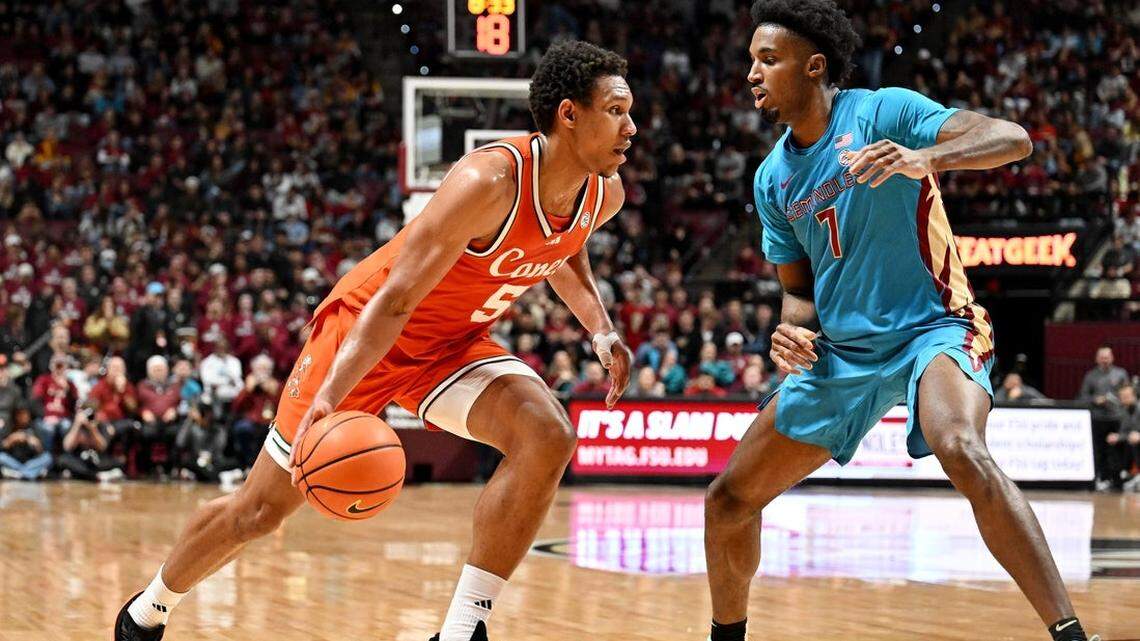 Malik Reneau (left) led the University of Miami with 23 points and 12 rebounds in an 83-73 win over FSU on the road Feb. 24, 2026 at the Tucker Center in Tallahassee, Fla.