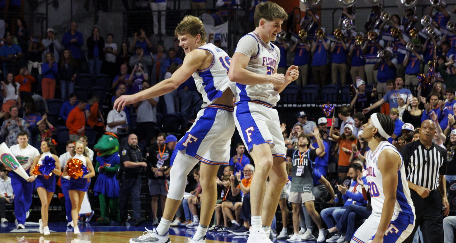 Florida Gators forward Thomas Haugh (10) and forward Alex Condon (21) celebrate the win over the Georgia Bulldogs at Exactech Arena at the Stephen C. O'Connell Center in January.