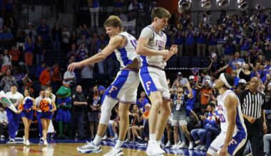 Florida Gators forward Thomas Haugh (10) and forward Alex Condon (21) celebrate the win over the Georgia Bulldogs at Exactech Arena at the Stephen C. O'Connell Center in January.
