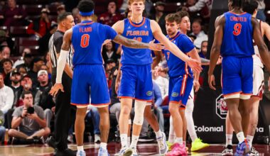 Florida basketball's Thomas Haugh celebrates after scoring against South Carolina in Columbia on Jan. 28, 2025.