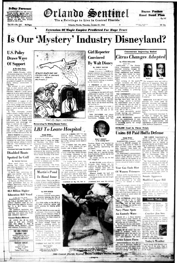The Orlando Sentinel front page from Oct. 21, 1965 includes Emily Bavar's article 'Is Our Mystery Industry Disneyland?'
