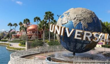 Universal Orlando's iconic spinning globe with Hard Rock Cafe and Islands of Adventure in the distance
