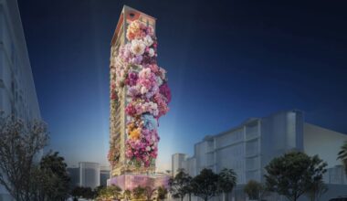 Street-level rendering of Roche Bobois St. Pete Tower showing the rippling podium facade and landscaped frontage along 4th Street South.