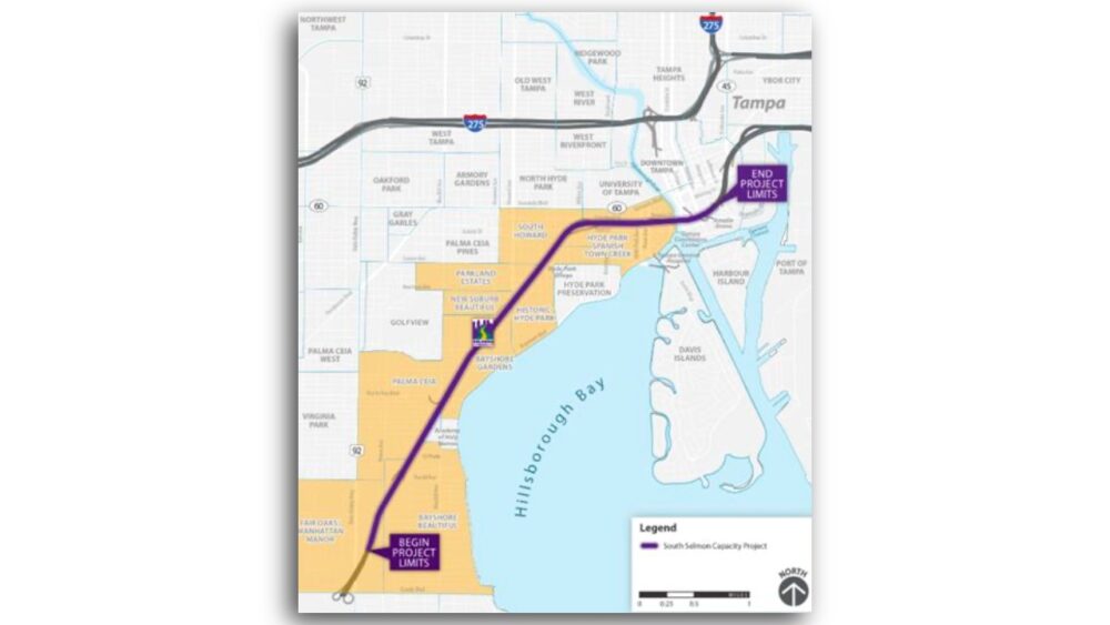 Map of the South Selmon Capacity Project showing limits from Gandy Boulevard to downtown Tampa.