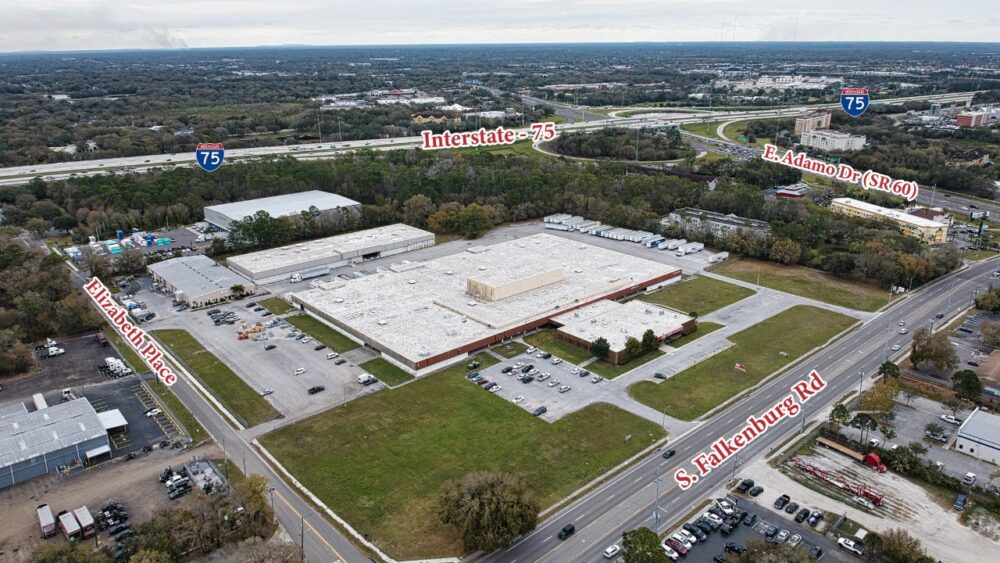 Aerial view of 500 S. Falkenburg Road industrial site near Interstate 75 in Tampa