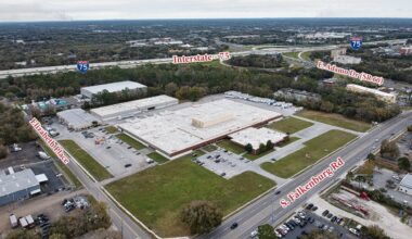 Aerial view of 500 S. Falkenburg Road industrial site near Interstate 75 in Tampa