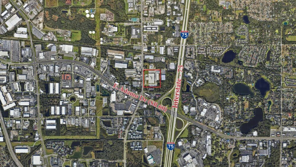 Aerial map showing 500 S. Falkenburg Road site near Interstate 75 and E. Adamo Drive in Tampa