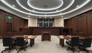 Exterior of the Bernie McCabe Courthouse, home of Florida’s Second District Court of Appeal, at 525 Mirror Lake Drive North in St. Petersburg.