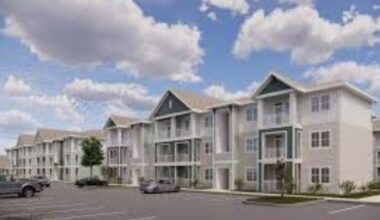 Rendering of a three-story multifamily apartment community planned along the Hillsborough River in Tampa