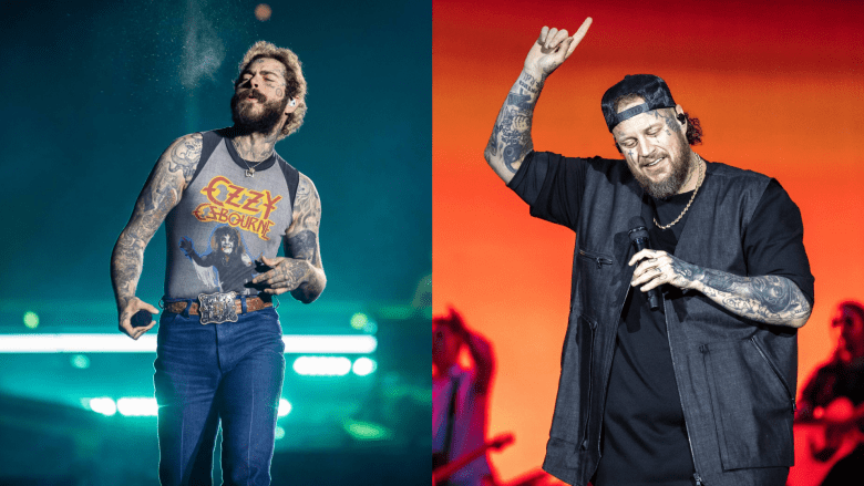 A photo of Post Malone performing with a green background next to a photo of Jelly Roll performing with an orange background.