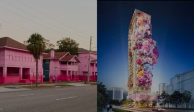 Pink-painted buildings mark next step for Roche Bobois tower