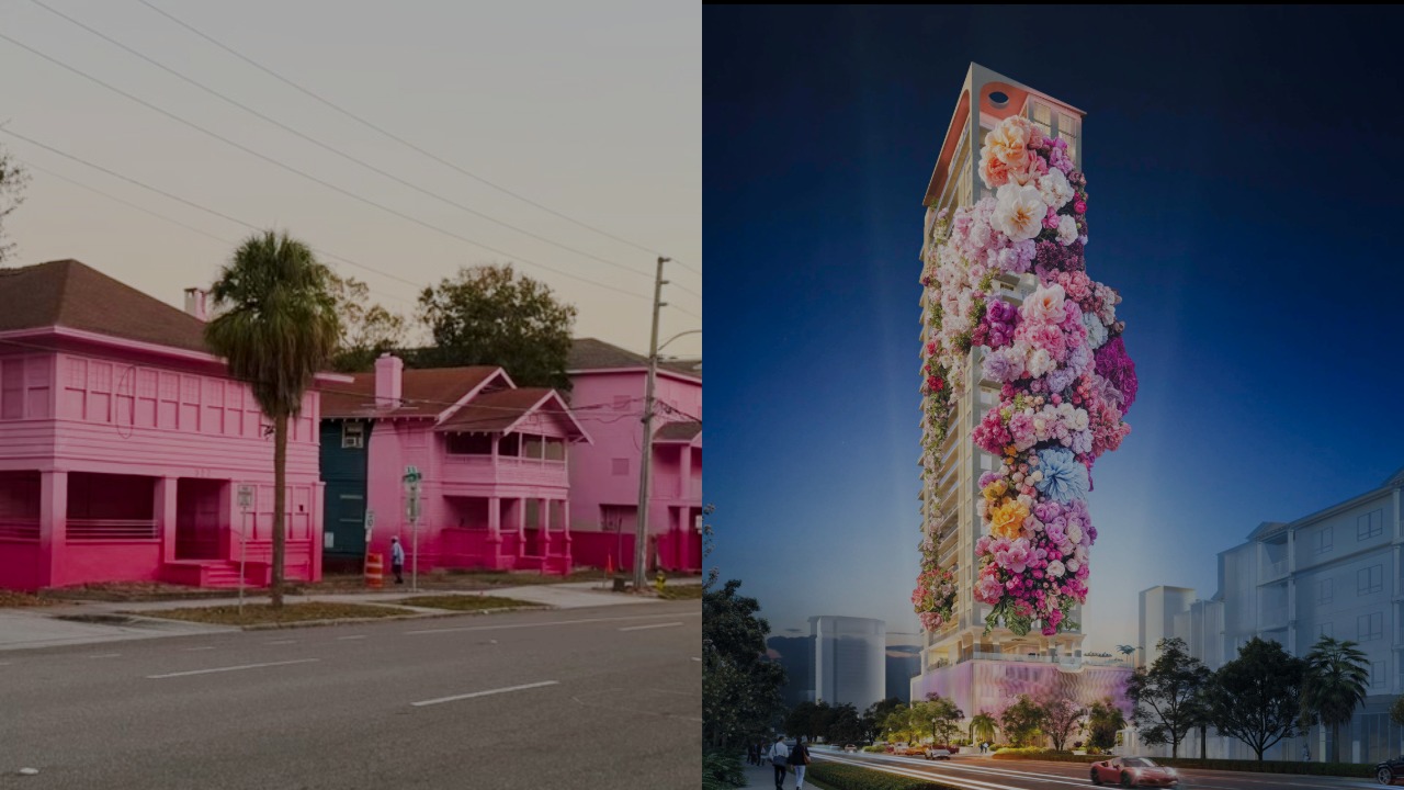 Pink-painted buildings mark next step for Roche Bobois tower