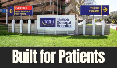 Tampa General Hospital entrance signage in Tampa, Florida, highlighting the health system’s patient-centered approach to care.