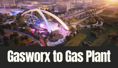 Rendering of the proposed Historic Gas Plant District redevelopment showing a central pavilion, surrounding park space, and mixed-use buildings near the Tropicana Field site in St. Petersburg.