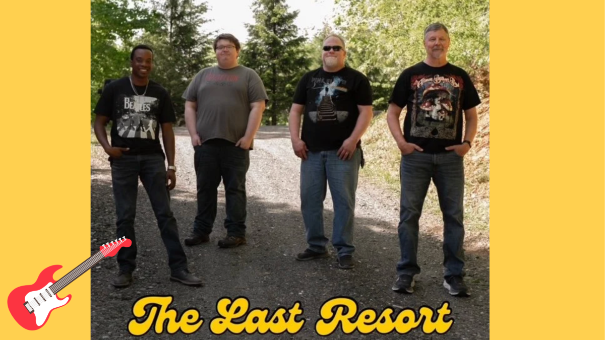 Four men stand outside with hands in their pockets. There's yellow script that read "The Last Resort" with a red guitar drawing in the bottom left corner.