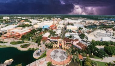 An aerial photo of Universal Studios Orlando Florida. Universal Orlando Super Bowl Sunday crowds