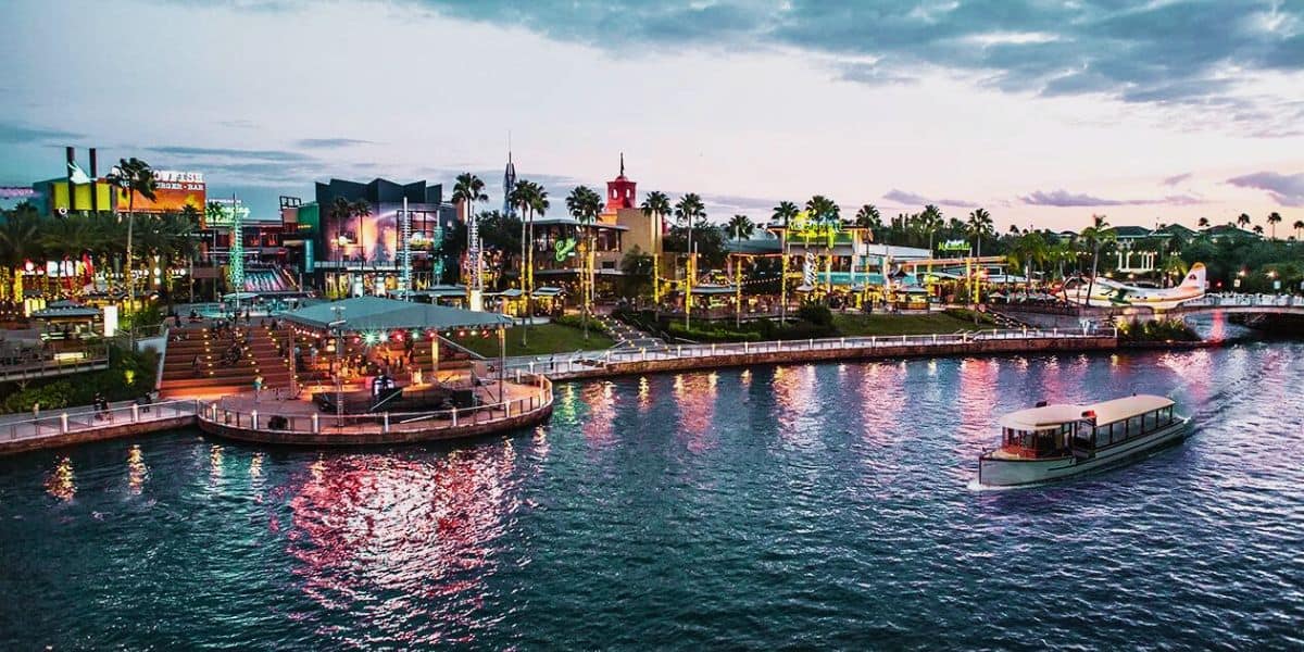 A wide view of Universal CityWalk during the day at Universal Orlando Resort.