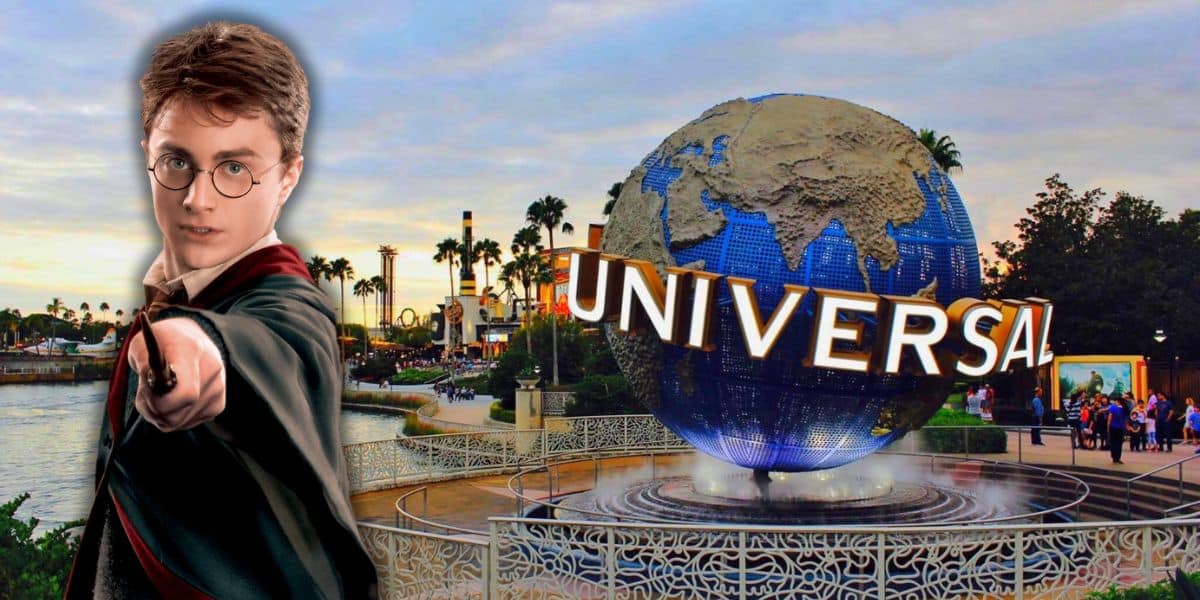 Harry Potter holding up his wand inside of Universal Orlando Resort.