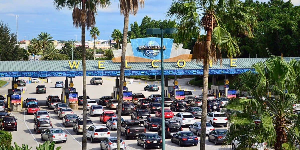 Multiple cars attempting to gain access to the Universal Orlando Resort parks. Volcano Bay cashless payment change