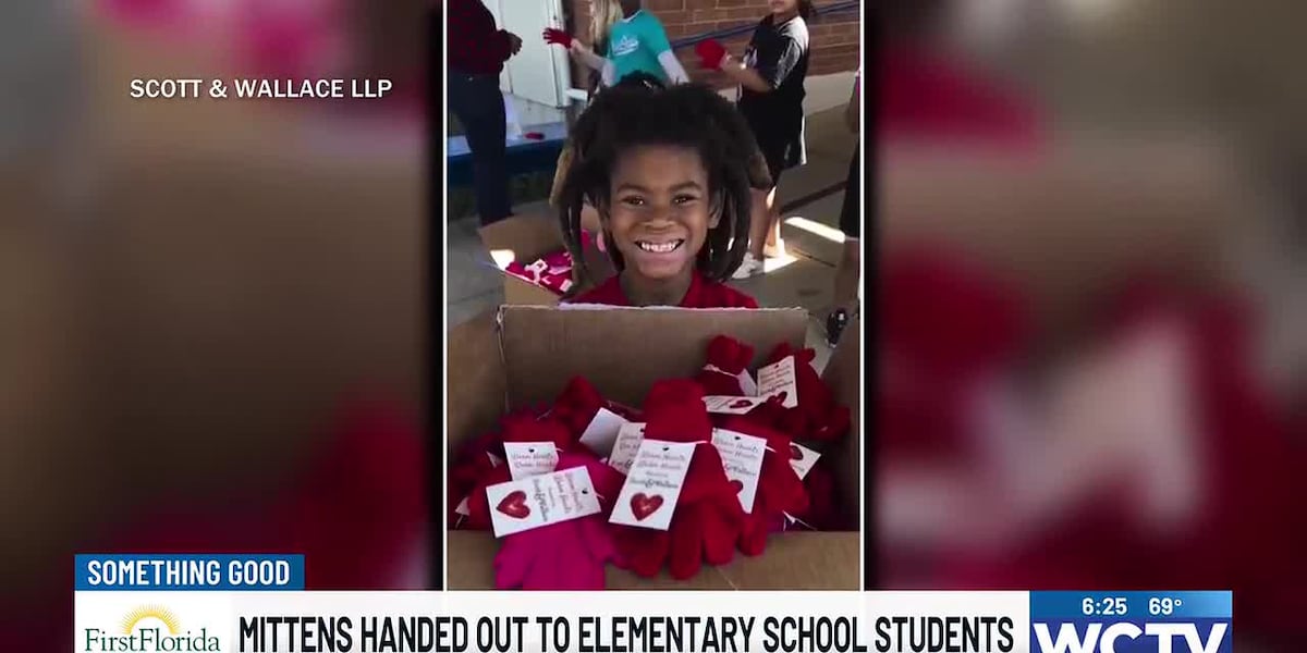 Mittens handed out to elementary school students