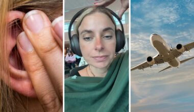 woman with ear ache (l) woman shares traveling issue (c) flight on air (r)