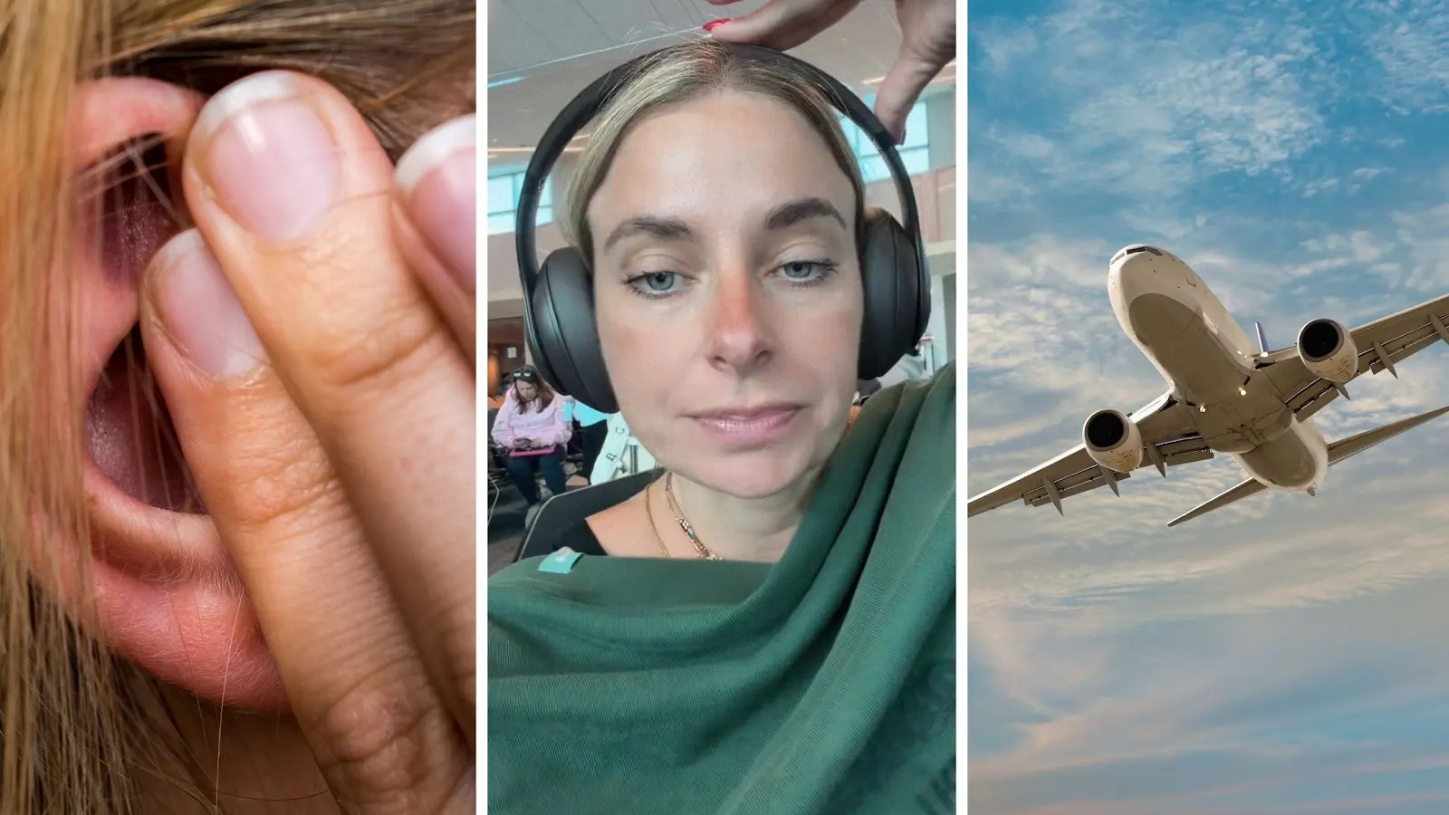 woman with ear ache (l) woman shares traveling issue (c) flight on air (r)