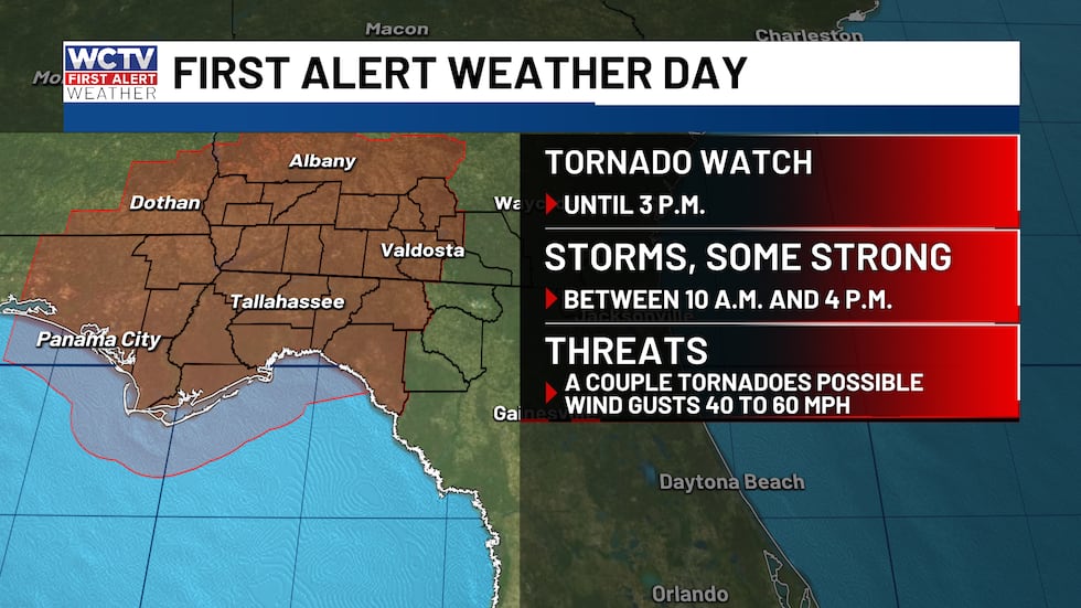 A tornado watch is in effect for the majority of the Big Bend and South Georgia.
